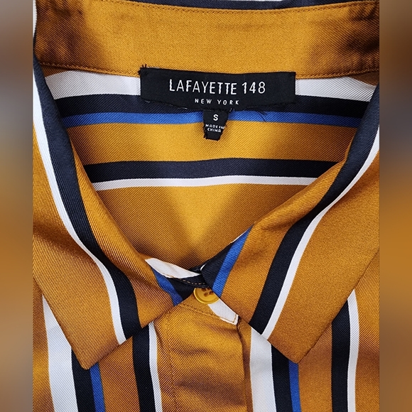 Lafayette 148 New York Womens Adela Silk Blouse, Gold/White/Blue - Picture 5 of 10